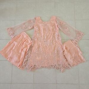 3 piece Stiched sz M heavy salwar kameez Full Sleeve Scallop hem Peach Sharara